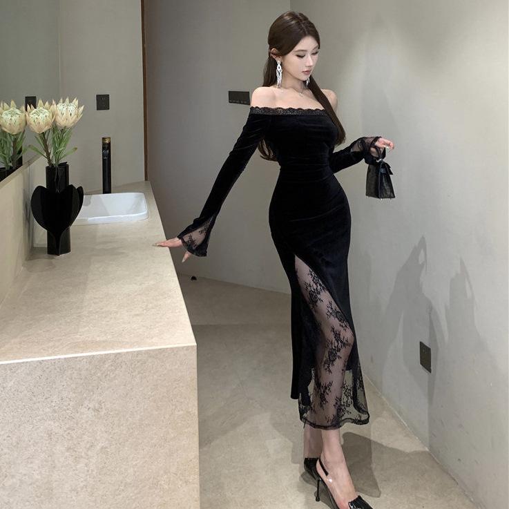 Chic French One-Shoulder Lace Patchwork Dress: Sultry, Slim-Fit, Hip-Hugging Long Skirt
