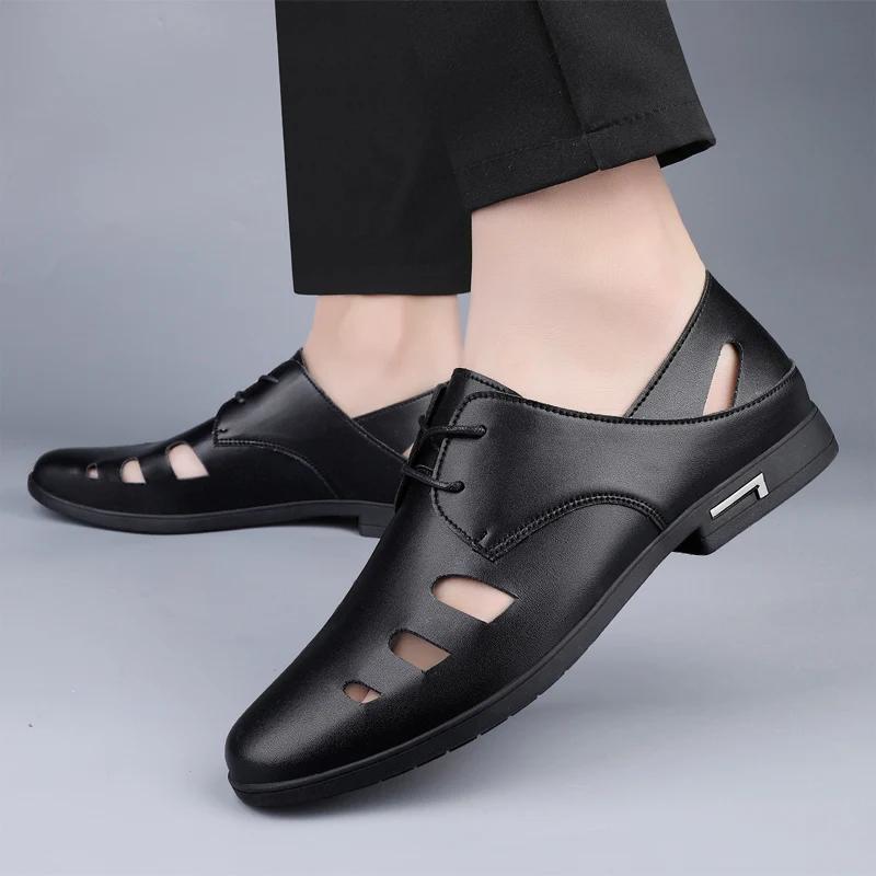 Fashion Summer Breathable Soft Soled Sandals White Hollow Lace Up Oxford Shoes for Men Brand High-quality Pointed Business Leather Shoes