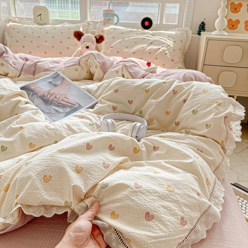 New Bedding Set INS Princess Soft Bed Flat Sheet Set Twin Queen Double Size Cotton Lace Duvet Cover Pillowcase Bed Linen
