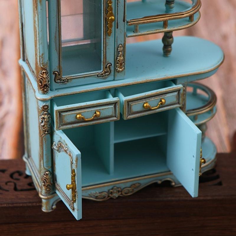 1:12 Scale Antique Doll House Screen Cabinet Model Figurine With Functional Drawers And LED Light for Scene Displaying