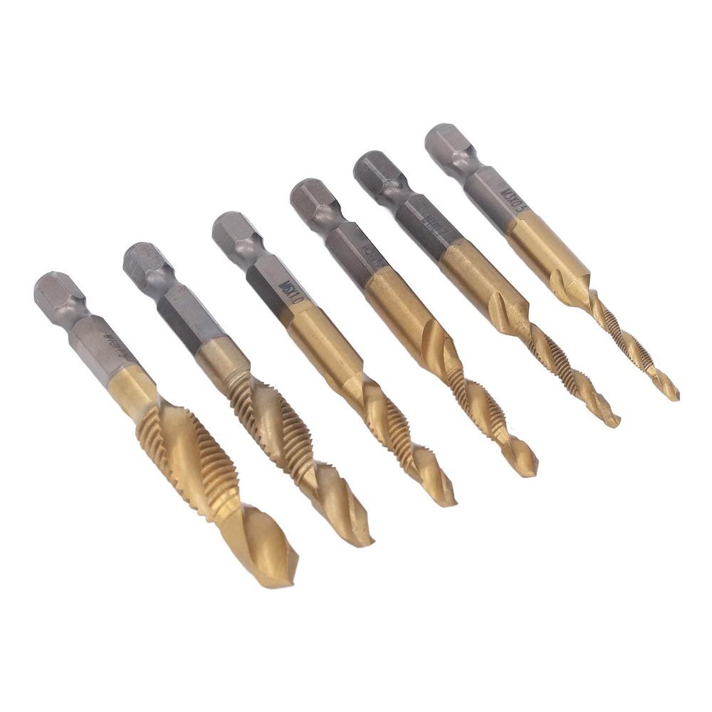 6pcs Titanium Coated Combination Drill Taps Ti-Plating Drill Tap Set Drill Tap Bit Set Tapping