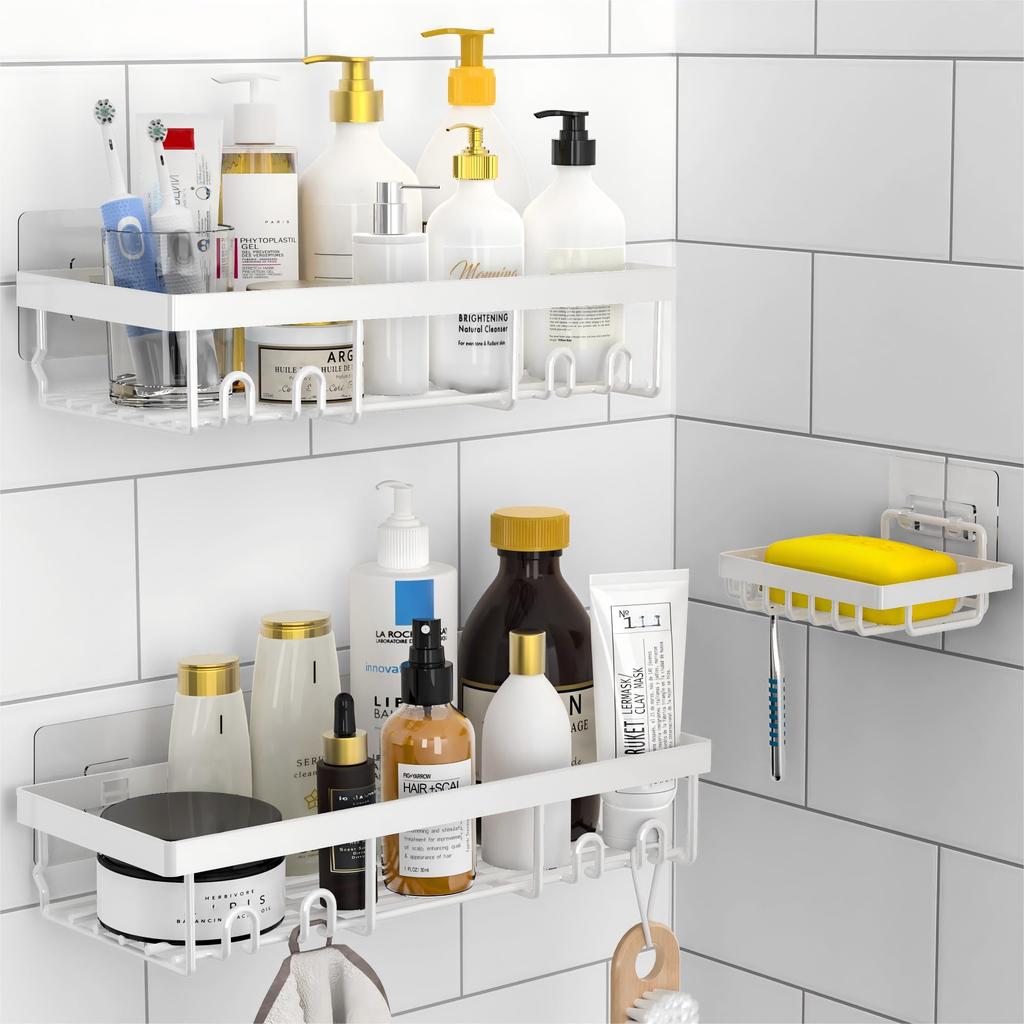 Moforoco 3-Pack Shower Caddy Basket Shelf with Soap Holder, No Drilling Traceless Adhesive Shower Wall Shelves, Rustproof Black Bathroom Shower