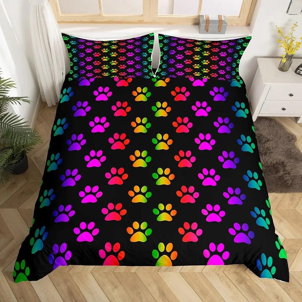 Dog Paw Print Duvet Cover Watercolor Gradient Puppy Footprints Comforter Cover with 2 Pillowcases,Funny Pets Animal Quilt Cover