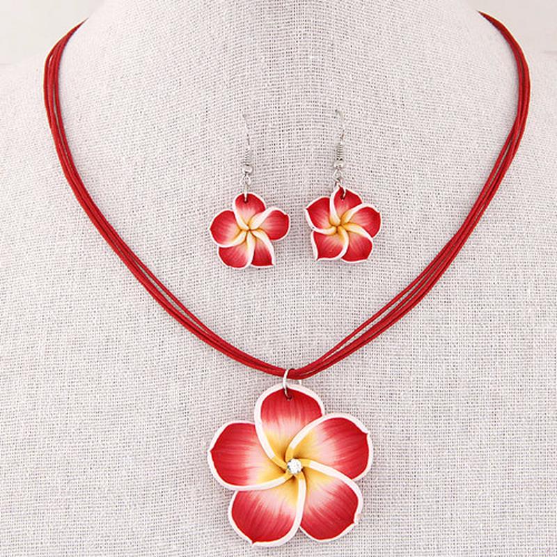 Women's Sweet Plumeria Flowers Jewelry Sets Polymer Clay Fimo Earrings  Pendant Necklace