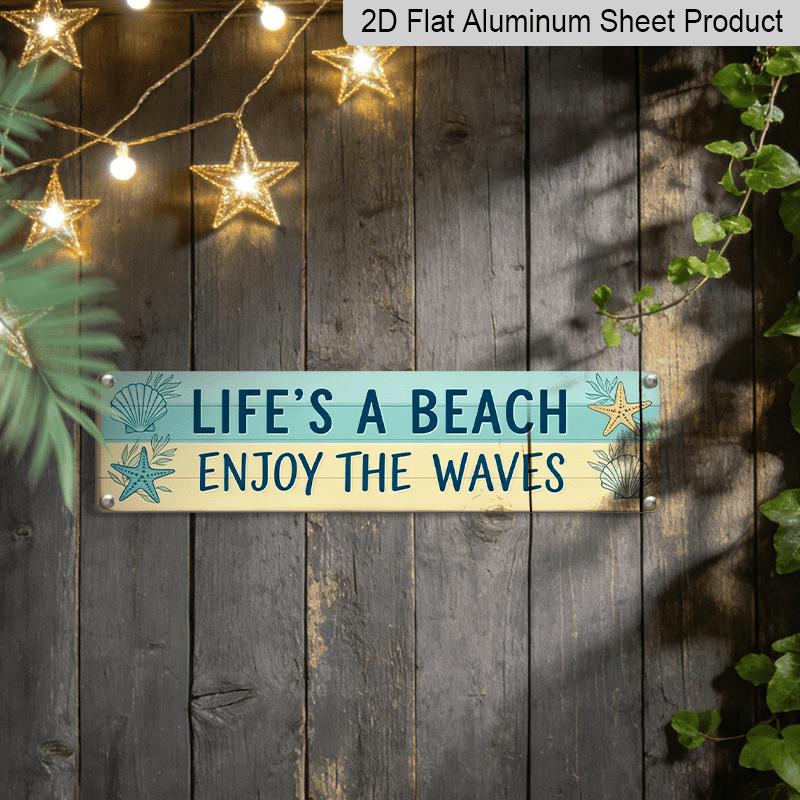 2D Flat, 1pc Rustic Coastal Aluminium Decorative Sign "Life's A Beach Enjoy The Waves" - Minimalist Nautical Beach Art with Wood Plank Decor
