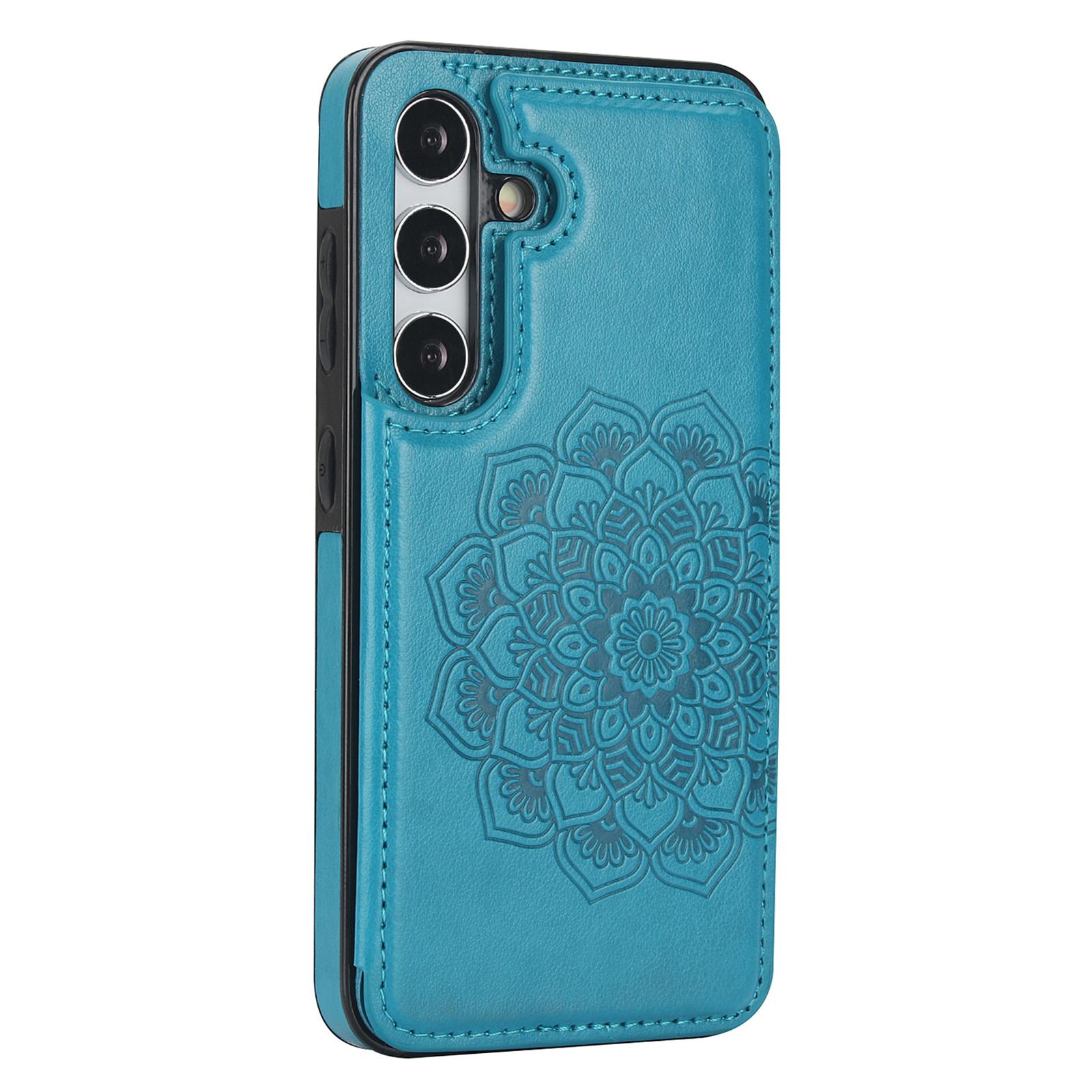 

For Samsung Galaxy S24+ Cell Phone Case PU Leather Imprinted Mandala Flower Cover with Card Slots Dark Blue
