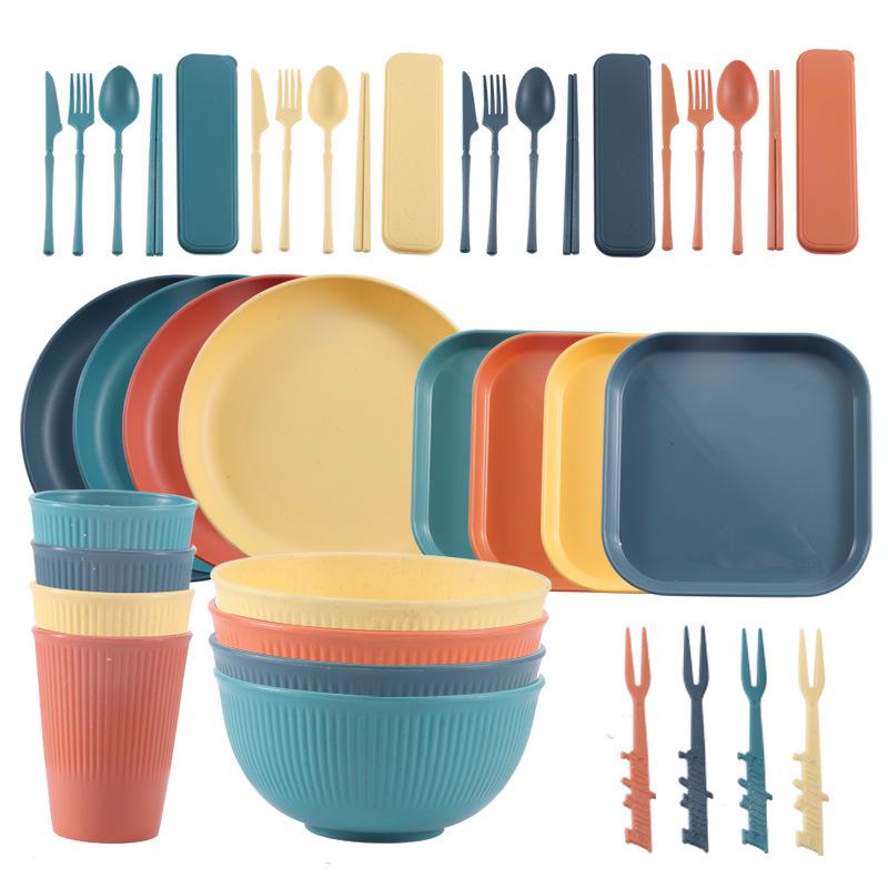 Nordic Wheat Straw Cutlery Set: Soup Bowl, Plate, Cup, Fork, Knife, Spoon, Gift.