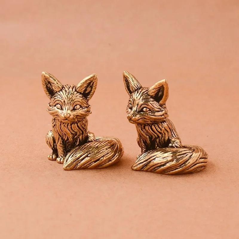 Brass Fox Statue Cute Fox Miniature Figurines Desk Decorations Accessories Copper Animal Sculpture Home Decor Crafts