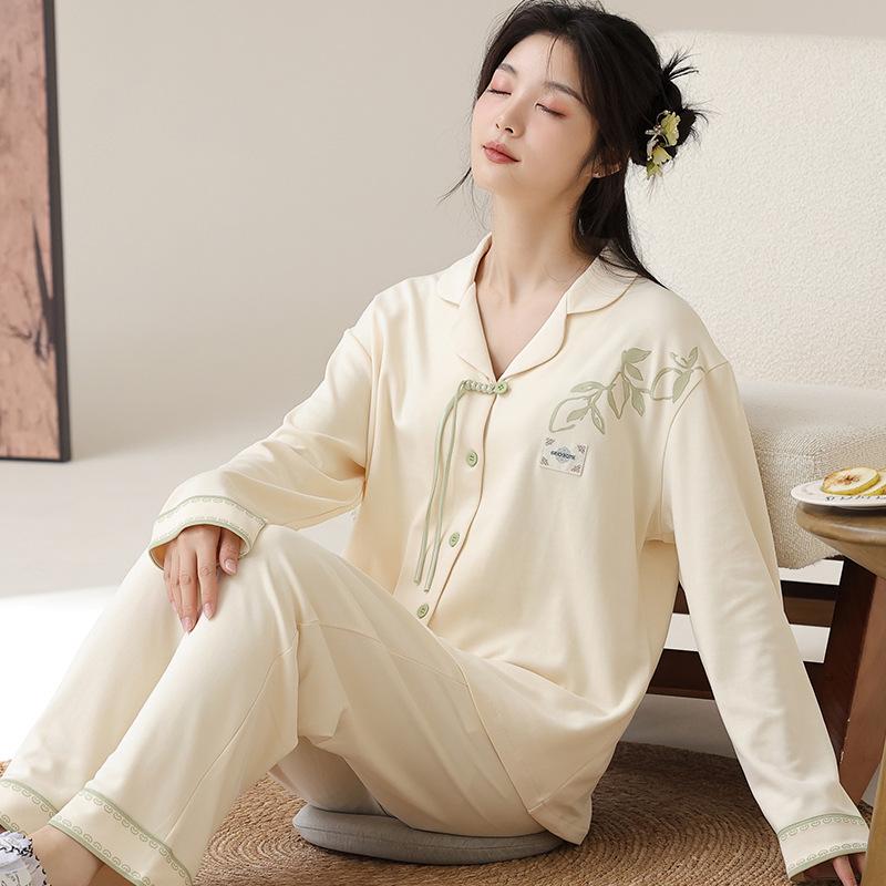 Women's Long Sleeve Cotton Pajamas: Chinese-Style, Loose-Fit, Printed Cardigan Set for Spring and Autumn