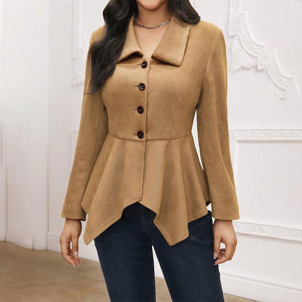 Elegant commuter casual lapel irregular open placket suede loose long-sleeved jacket women s clothing S хаки