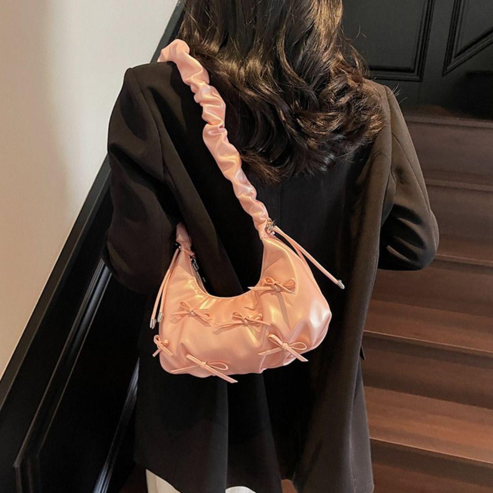 

Korean Style Pleated Bow Tote Bag Bowknot Dumplings Bag Temperament Cloud Bag Portable білий