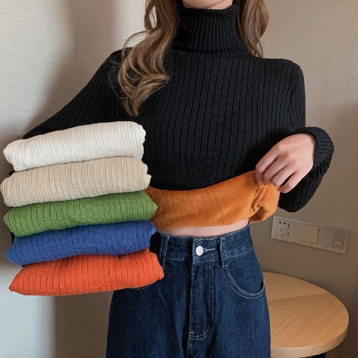 Sweater Women's Turtleneck and Velvet Knitwear Pullover Pure Color Korean Fluffy Trending Sweater Autumn and Winter Top