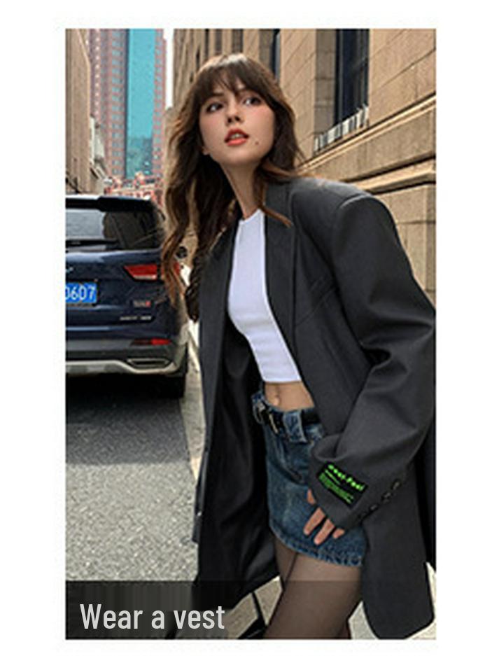 Rasaduffy Women's Retro Loose-Fit Grey Blazer - New Korean Style