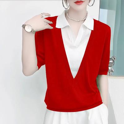 Women's Summer Two Tone Polo Shirt Casual Fake Two-Piece Knit Top
