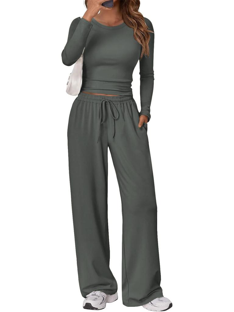 Fashion Casual Set Sport Yoga Autumn Winter Solid Color Crew Neck Long Sleeve For Women