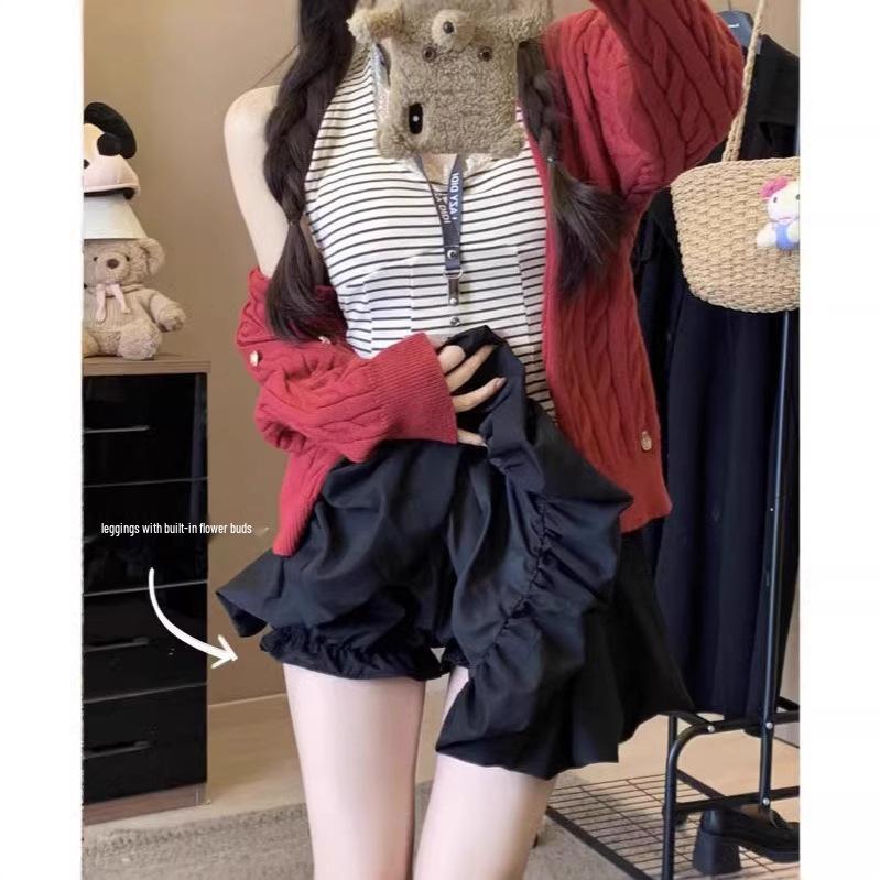 Korean Style Women's 2025 Summer High-Waist Slimming Midi Puff Skirt with Anti-Exposure Shorts