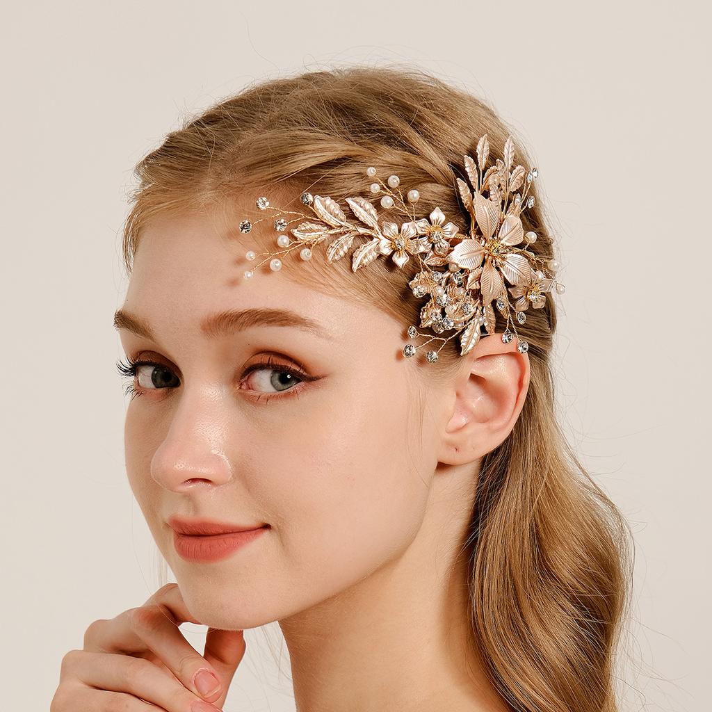 Bridal hairpin wedding banquet hair accessories handmade pearl edge clip women's luxury versatile metal floral leaf duckbill clip