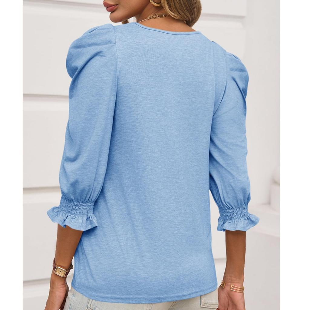 Damski swobodny i modny top z rękawem siedem ósmych i okrągłym dekoltem