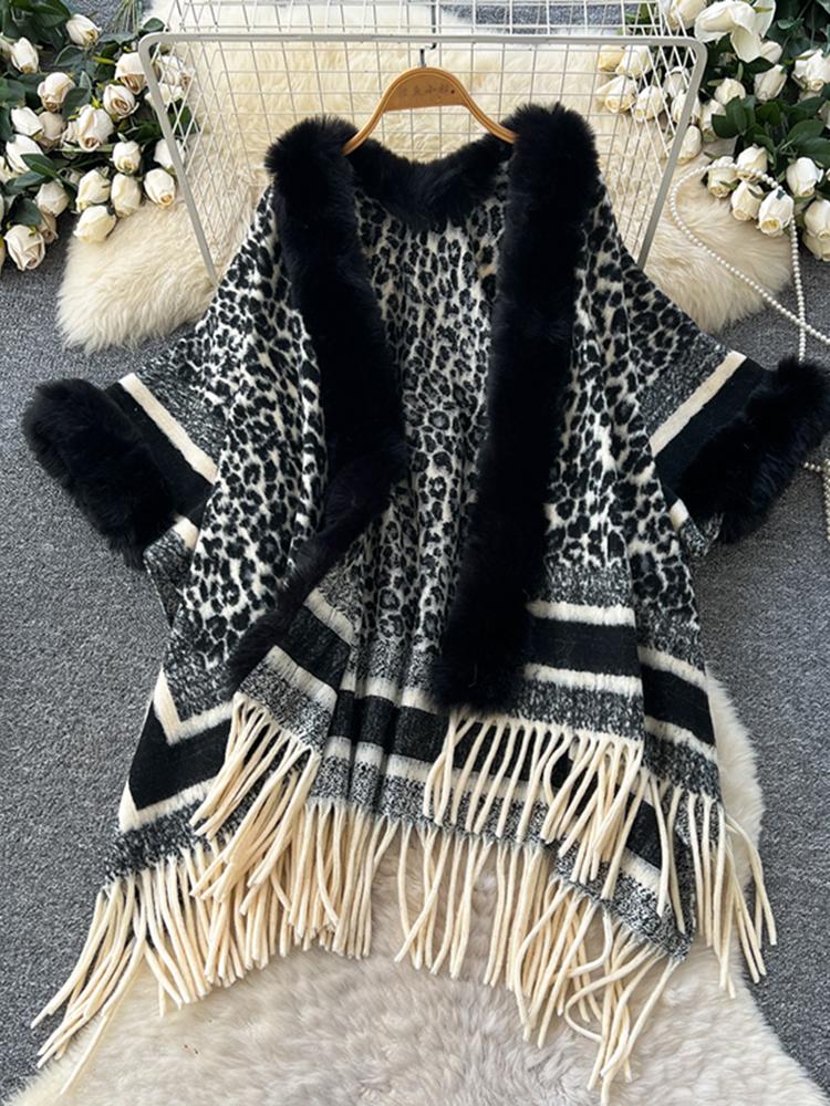 Autumn Winter Vintage Outerwear with Fur Collar Knitted Cardigan Tops for Women Loose Elegant Plaid Shawl Cloak Coat L66