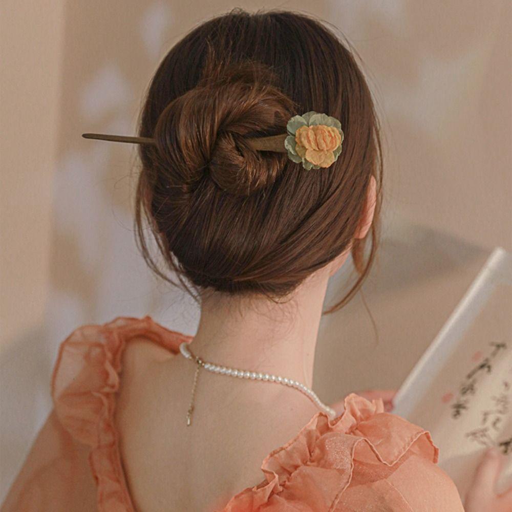 

Заколка для волос в виде листа розы, сетка, имитация цветка, заколка для волос Hanfu, деревянные шпильки для женщин/девочек