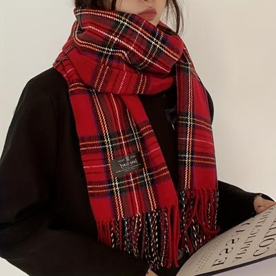 Roter Schottenkaro-Quastenschal, stilvoller Vintage-Dekorations-Halsschal für Herbst und Winter, kältebeständig, warm, Unisex, Wickelschal, Hijab-Stola