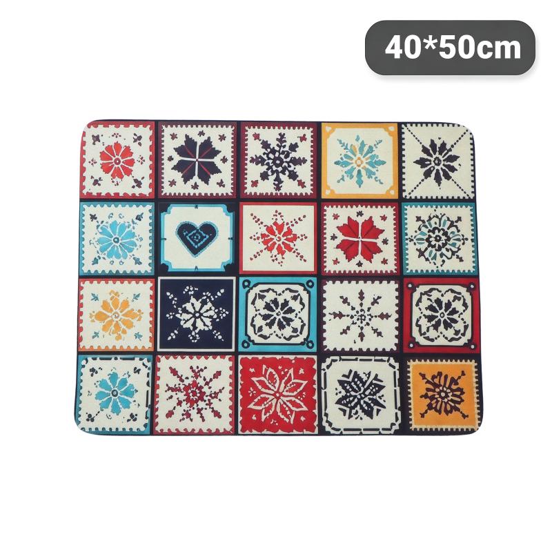Bohemian Tile Pattern Non Slip Kitchen Drying Mat Water Resistant Countertop Dish Draining Pad for Small Cafe Use