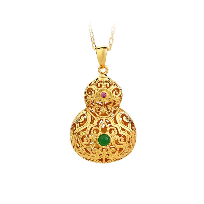Chinese Style Gold-Plated Jade Imitation Necklace with Ruyi and Auspicious Cloud Design