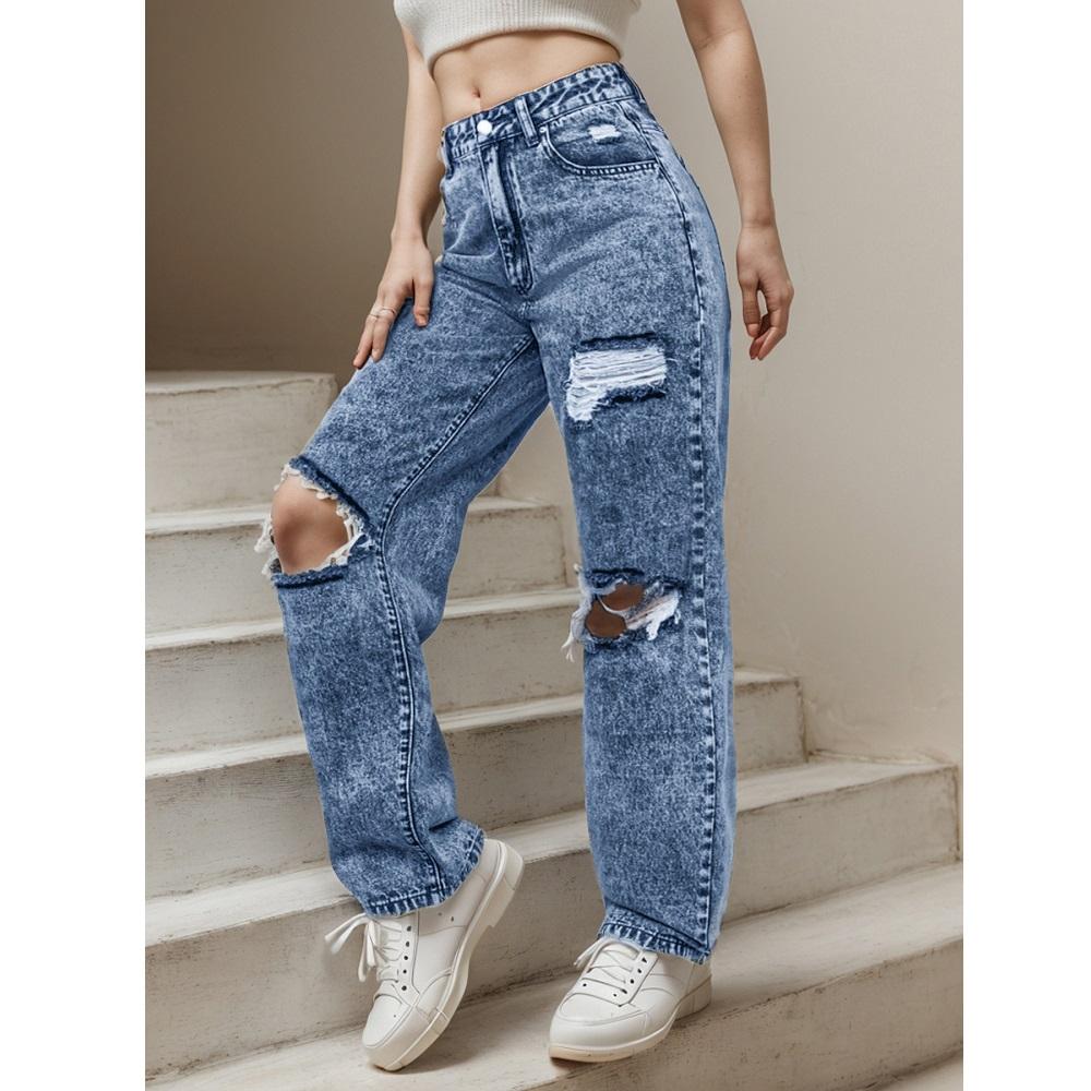 

Женские рваные джинсы Streetwear Denim Jeans Ladies Regluar Straight Long Pants Pantalones de mujer XXL синий