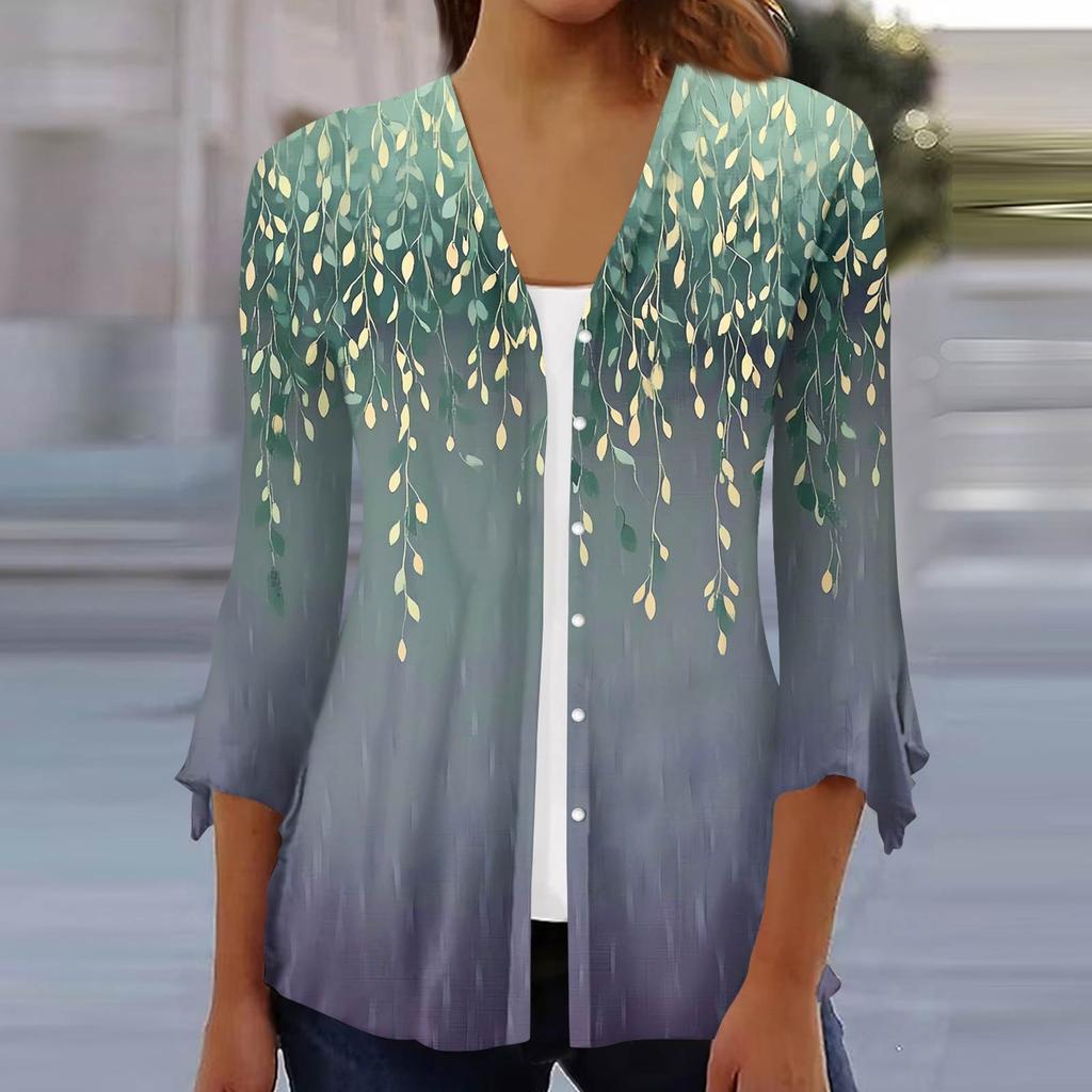 Women's Fashion Loose Casual Printed Seven-Part Sleeve Button Down Blouse Cardigan Top