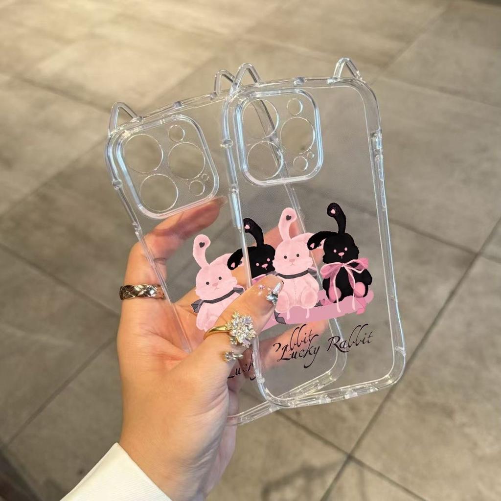 Pink Black Rabbit Suitable for Apple 17Pro Cat Ears Air Mobile Phone Case IP16 Transparent 15 Cute 14 Anti-drop 13 Soft