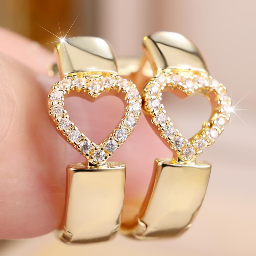 Charming Gold Color Hollow Heart Zircon Hoop Earrings for Women Daily Wear and Party