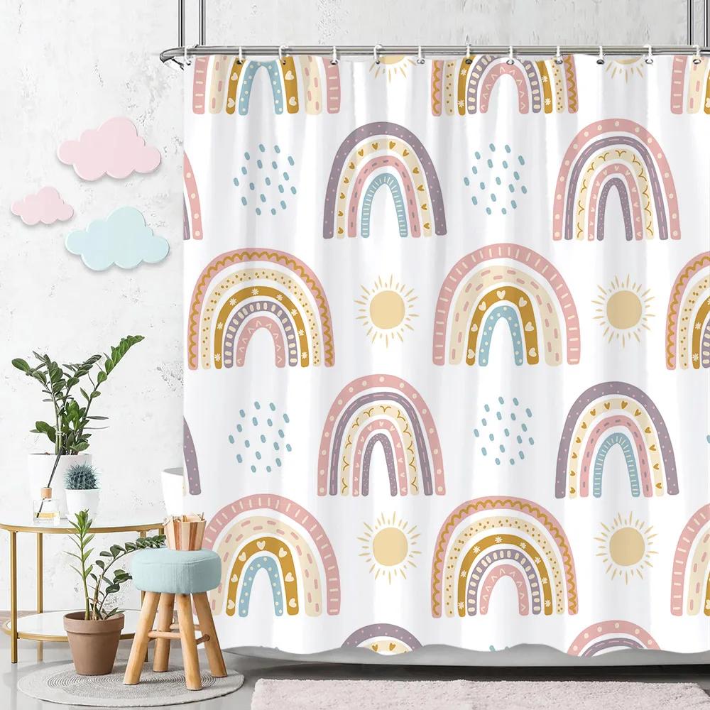 Rainbow Shower Curtain Colourful Cute Bohemian Abstract Print Kids Shower Curtain Polyester Fabric Art Bathroom Decor With Hooks