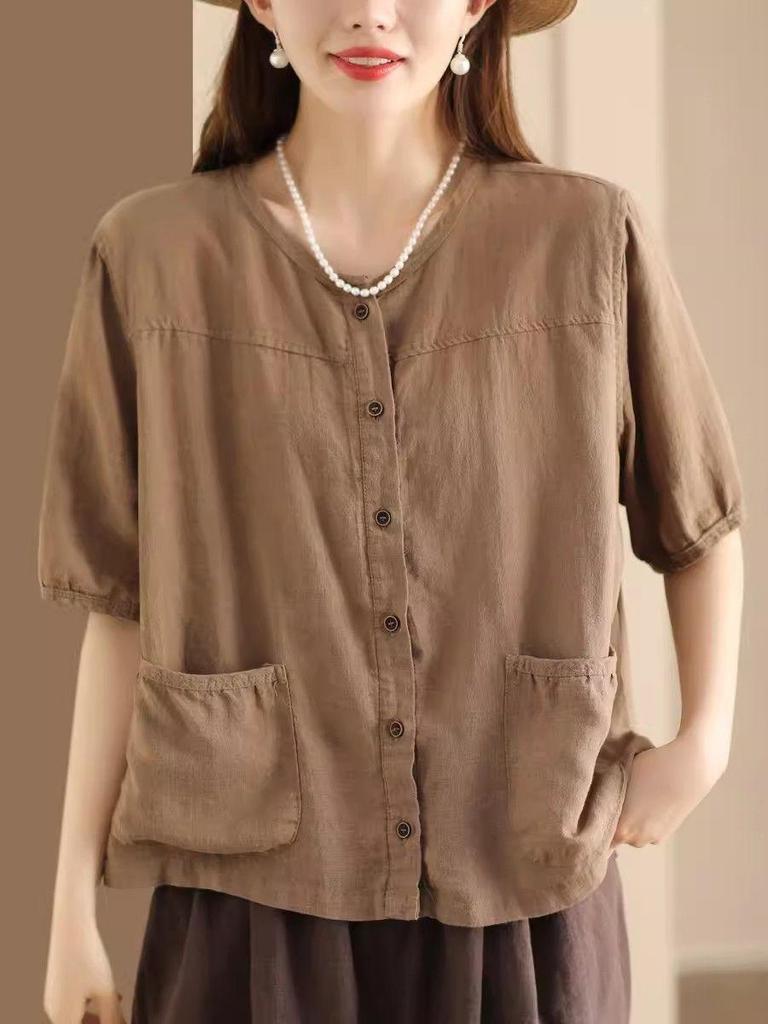 Retro Literary Open-front Cardigan Linen Shirt Summer Pocket Design Women's Casual Ethnic Style Short Sleeve Temperament