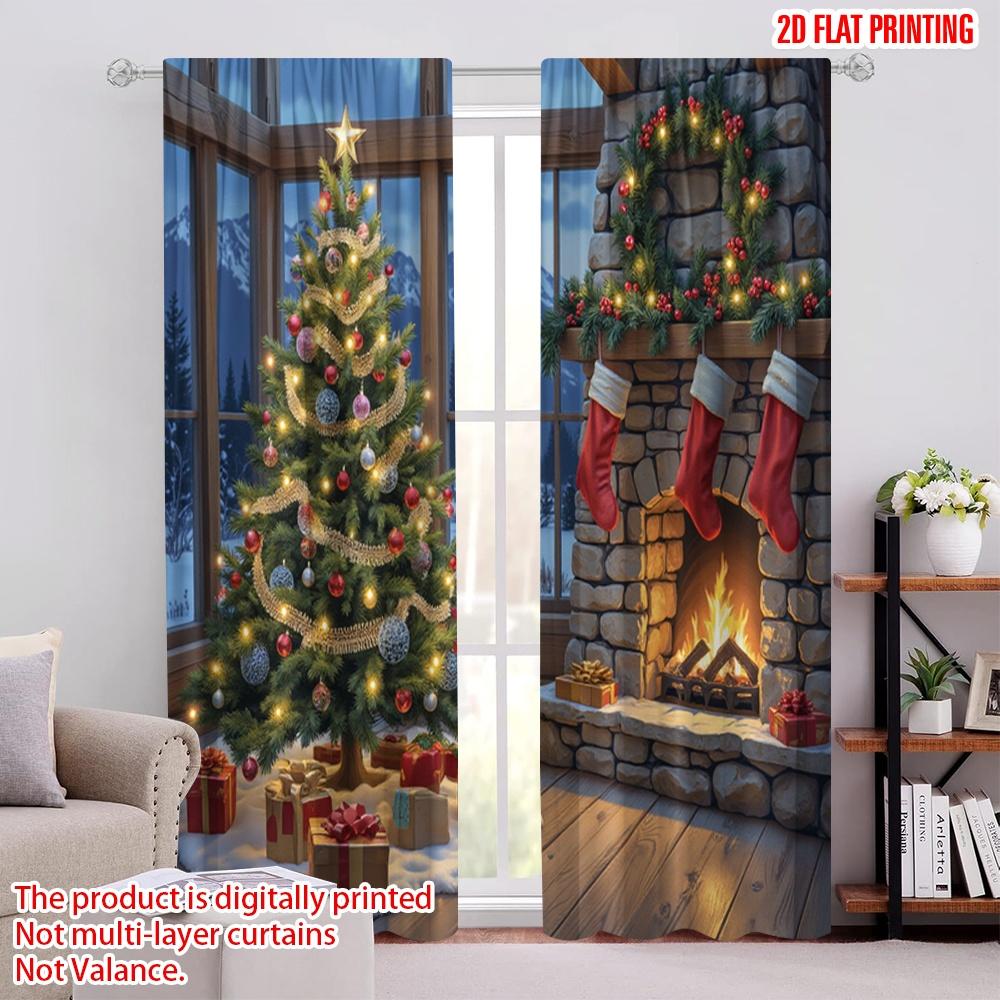 

Плоская Печать Веселого Рождества Популярные Оконные Шторы Полиэстер Без Электричества Праздничные Украшения Шторы Комплект Из 2 Штук Сделано W100*H70(CM)-Hooks&2PCS