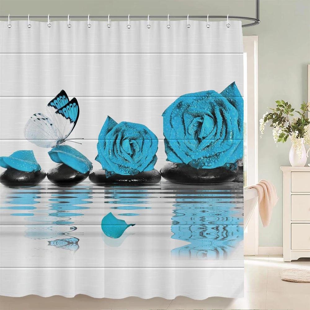 Blue Butterfly Shower Curtain with Hook - Modern Plant Floral Design, Printed Polyester Fabric Bathroom Decoration Curtain