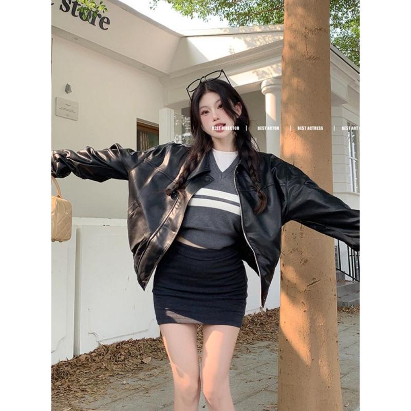 Women's High-End Retro PU Leather Coffee Jacket - Slimming, Windproof, Long Sleeve, Motorcycle Style.