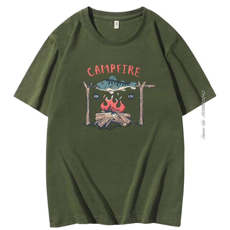 Summer Outdoors Street Fashion Camping Campfire Graphic Cotton Tshirt Harajuku Streetwear Tees Tops Short Sleeve Tshirts