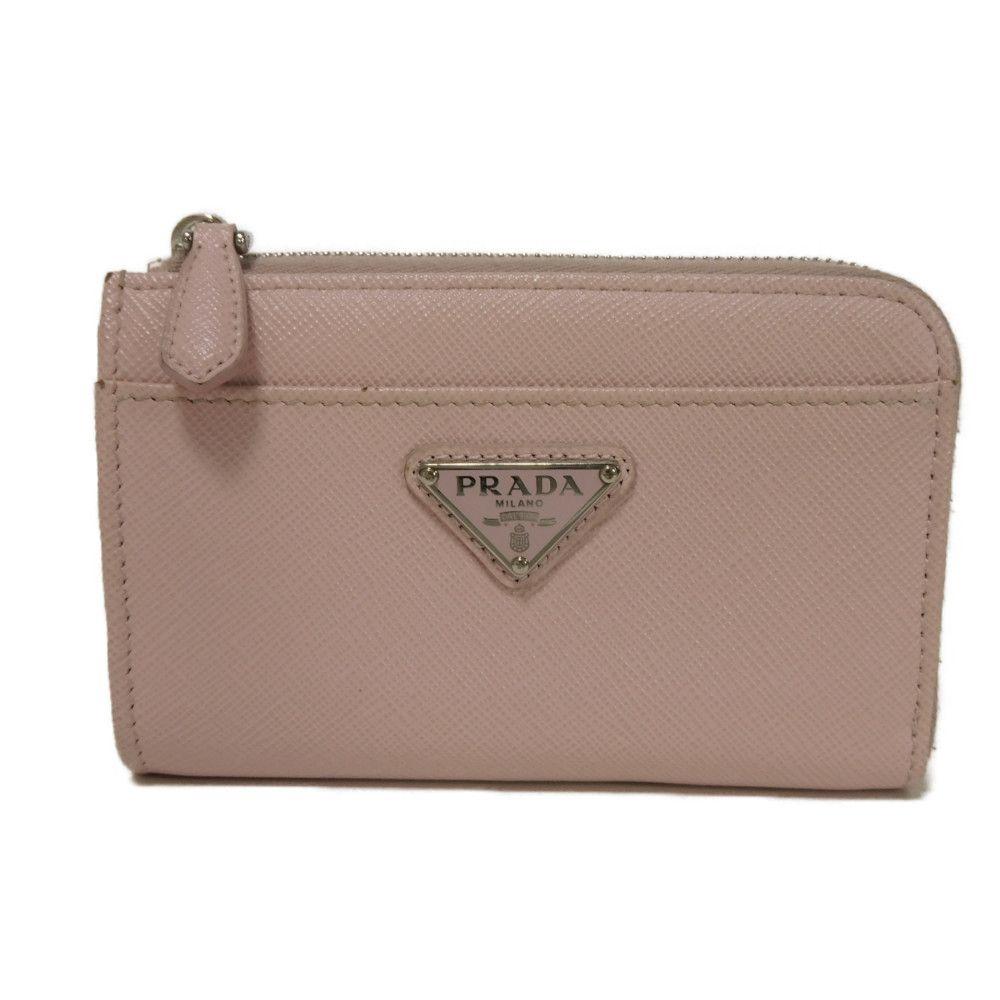 Used Saffiano Keychain 11569 1PP122 7943 L-shaped Zipper Key Ring with Card Case and RFID Triangle Logo, Pink, Women's