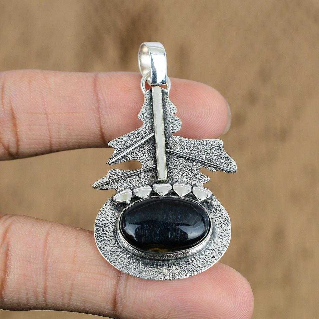 Anniversary Gift For Her Natural Blue Tiger Eye Gemstone Pendant 925 Silver