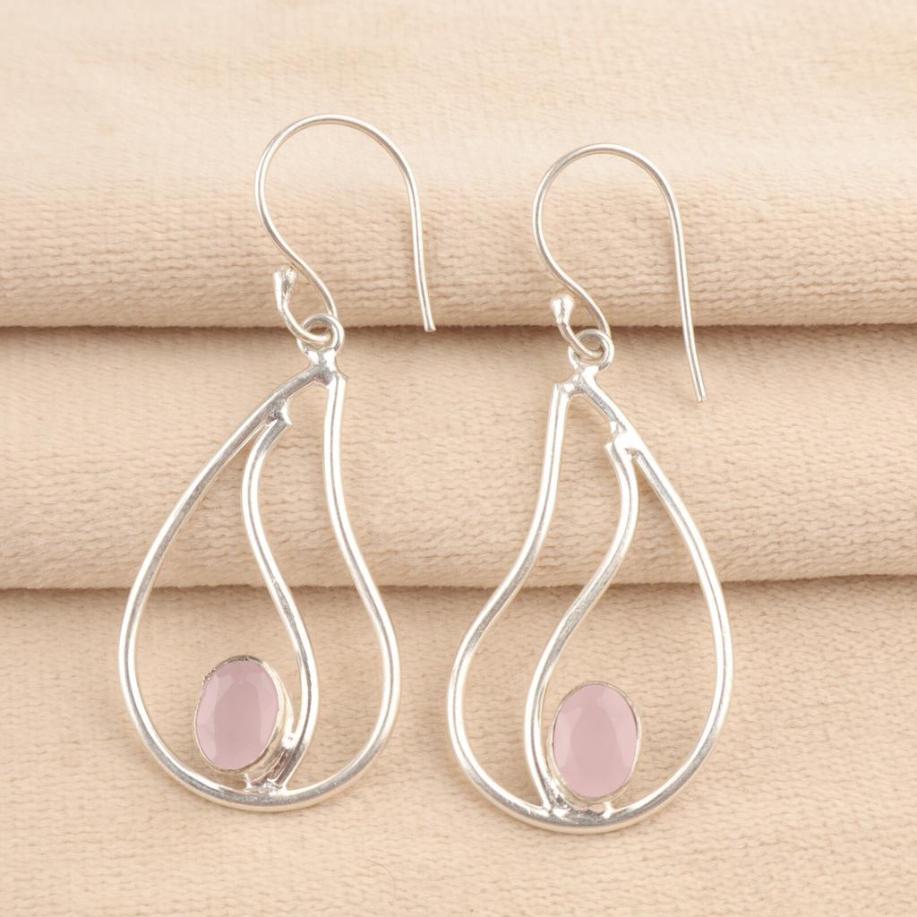Oval Rose Chalcedony Gemstone Sterling Silver Artisan Birthday Dangling Earrings EE-139-15