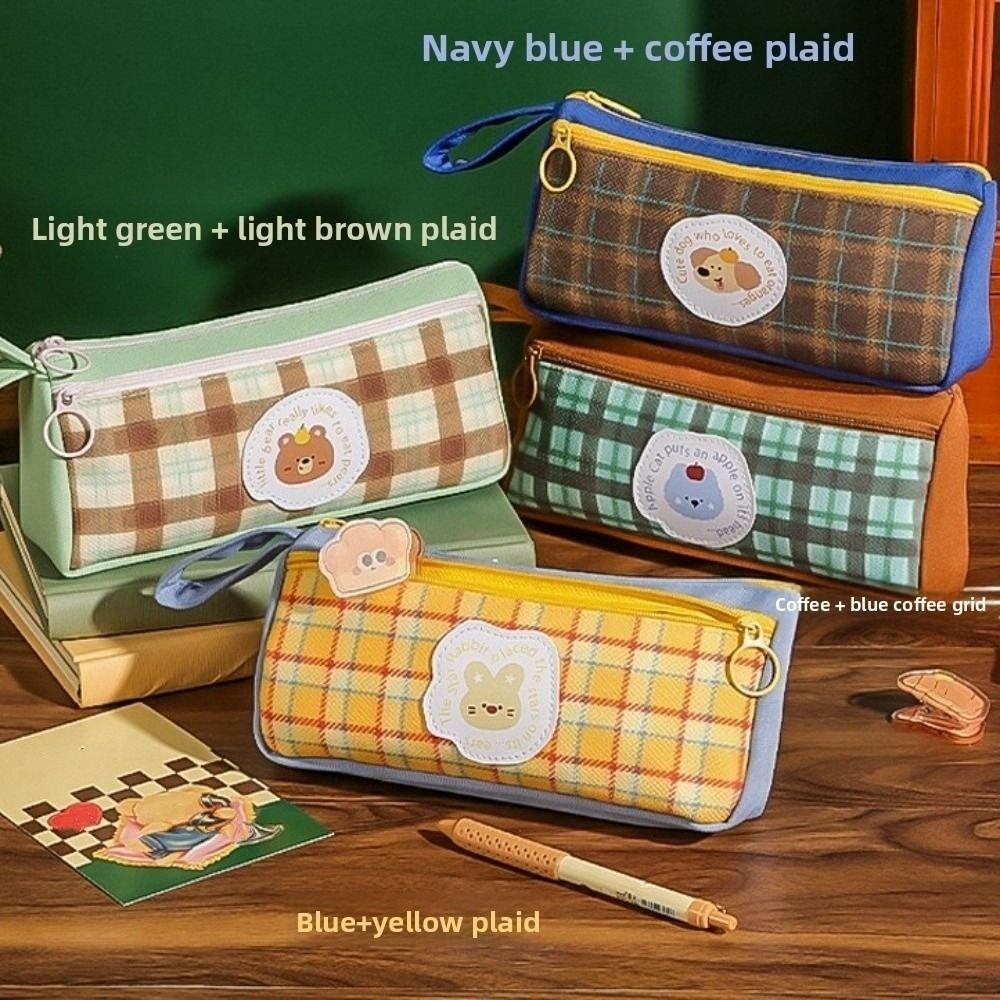 Cloth Retro Grid Stationery Bag Grid Pattern Pencil Pouch Vintage Plaid Pen Bag Office