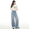 Spring Summer Rhinestone Ripped Lace High Waist Slim Narrow Wide Leg Trendy Casual Denim Pants Female Casual Pants Oversize Denim Trousers