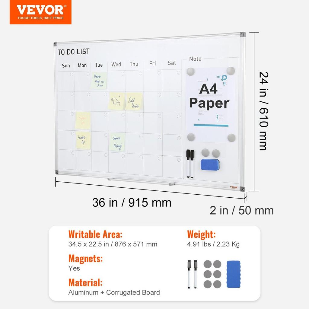 Calendar Whiteboard, 36 x 24 Inches Magnetic Dry Erase Calendar Board, Monthly Planner Whiteboard for Wall, 1 Magnetic Erase & 2 Dry Erase Marker &