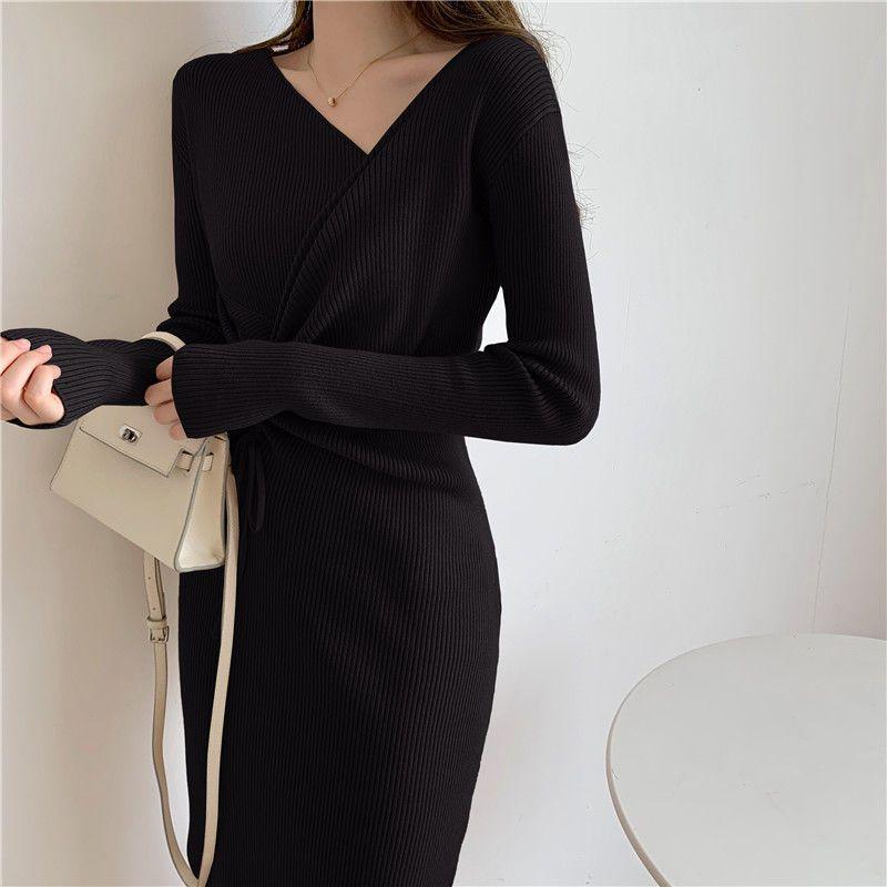 Large Temperament Light Mature Style Medium Length Knitted V-neck Split Dress