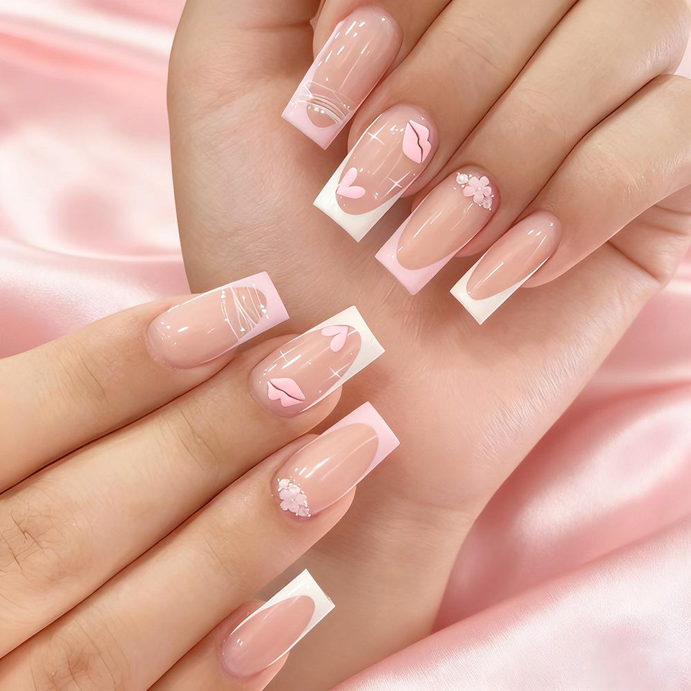 Valentine s Day Heart French Nails with Rhinestone Flowers and Glossy Lips Design - 24-Piece Set