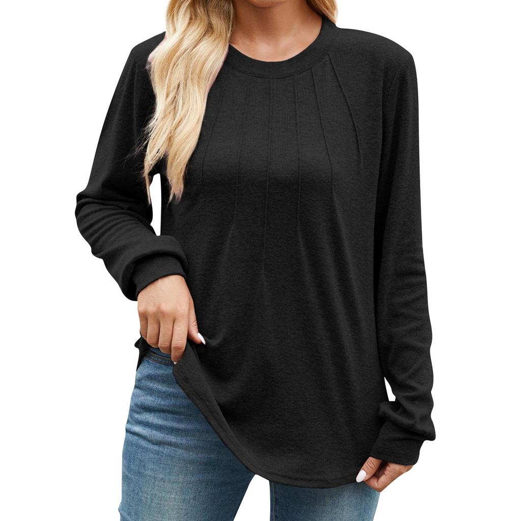 Femei moda casual culoare solidă față plisată guler rotund mânecă lungă pulover lejer top