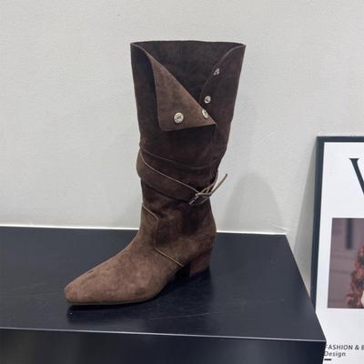Icole Autumn New Retro Pointed Pleated Thick Heel Short Boots Women's Fashion Versatile Medium Tube Stacking Boots Long Boots