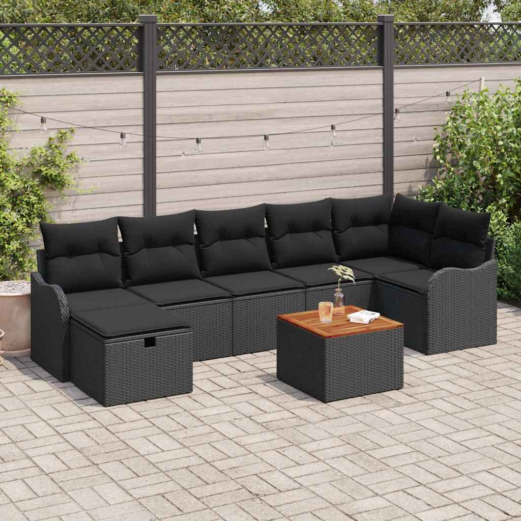 8 Piece Black Poly Rattan Garden Sofa Set with Cushions