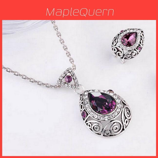 Fashion Women Purple Color Classic Genuine Pear Cut Pendant Necklace And Earring Set