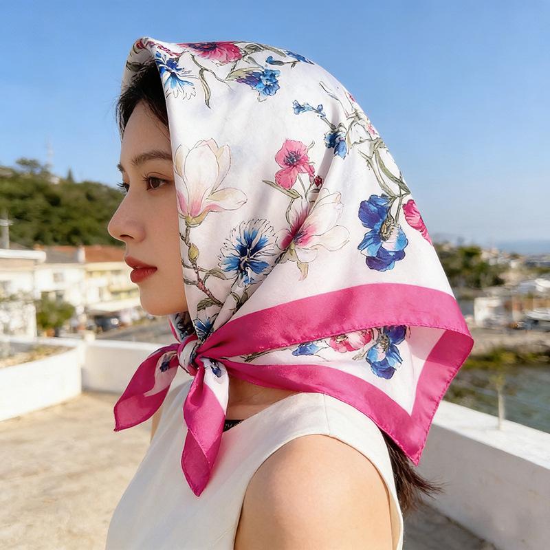 Silky Square Scarf Floral Print Headscarf Neck Scarf Bandana For Women Fashion Travel Daily Use